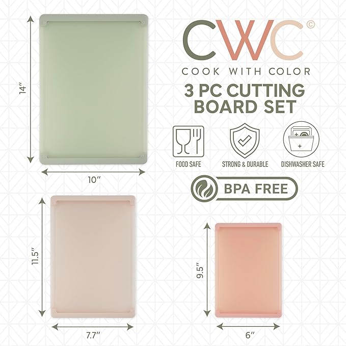 COOK WITH COLOR Extra Large Cutting Board Set, Jumbo-Sized Boards with Rubber Border for Enhanced Cooking Experience, 3-Piece, Sage Pink