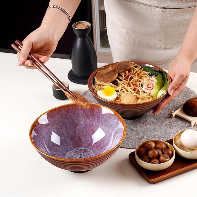 NUTRIUPS 8 Inch Ceramic Ramen Bowl Set of 2 Pho Bowls 40oz Japanese Noodle Udon Soup Bowls with Spoons and Chopsticks (Lavender)