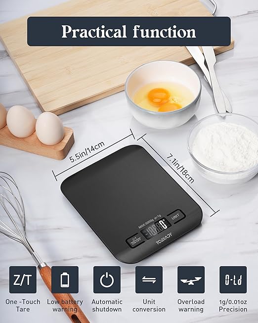 Food Scale, 11lb Digital Kitchen Scale with 6 Units LCD Display and Tare Function,Compact Design for Baking,Healthy Cooking,Meal Prep, 304 Stainless Steel Black