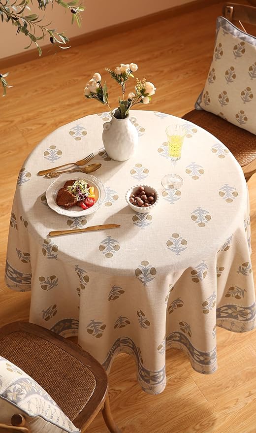 patdrea Designer Beige Tablecloth for Round Tables,Vintage Linen with Yellow Flowers Pattern Tablecloths,Rustic Floral Table Cover Cloth Decor for Kitchen Dining Christmas,Diameter 55"