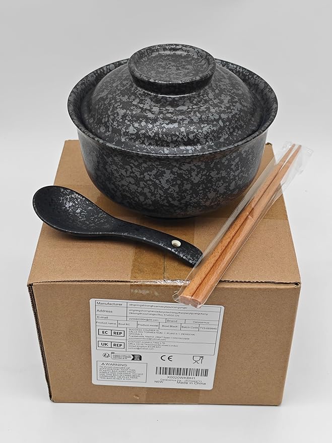 Ceramic Ramen Bowl Set, 800ml, with Lid, Spoon and Chopsticks, Japanese Vintage Large Soup Bowls Instant Noodle Bowl Asian Tableware (Black*1)