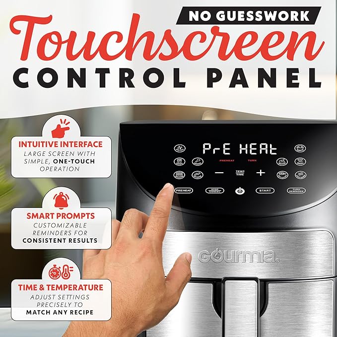 Gourmia Air Fryer - 7 Qt Large Capacity, FryForce360º, Digital Display with 12 Presets, Roast, Bake, Broil, Dehydrate, Dishwasher Safe Accessories, Black