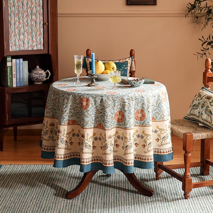 patdrea Designer French Linen Blue Round Table Cloth,Vintage Floral Tablecloth,Colorful Decoration Fall Table Cover Kitchen Dining for Party,Thanksgiving,Christmas,Diameter 55"-Wensel