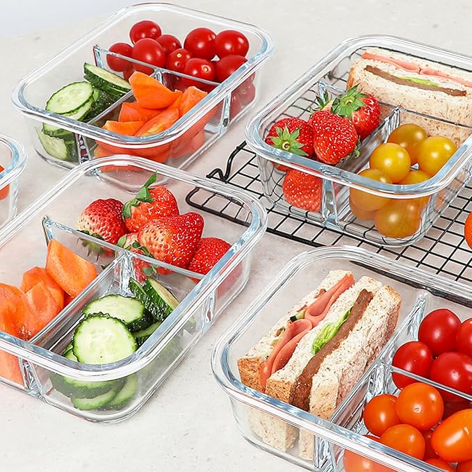 KOMUEE Glass Meal Prep Containers 3 Compartments, 5 Pack 36 oz, Glass Food Storage Containers with Lids, Airtight Lunch Bento Box, Portion Control, Freezer and Microwave Safe, White