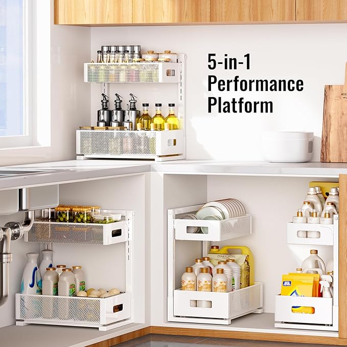Full Metal Under Sink Organizer 2-Tier, Pull Out Cabinet Organizers and Storage, Silk-Smooth Sliding Drawer for Kitchen, Bathroom, Pantry, Cabinet, Closet (White, 2 Pack)