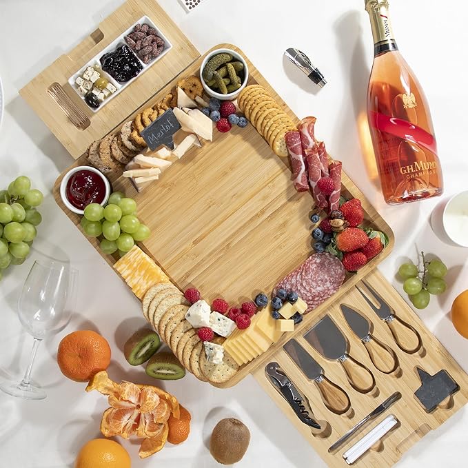 Bamboo Cheese Board and Knife Set with Wine Accessories – Large Charcuterie Board Gift Set with Bowls, Slate Labels & Utensils, Perfect for Christmas, Wedding, Housewarming & Entertaining