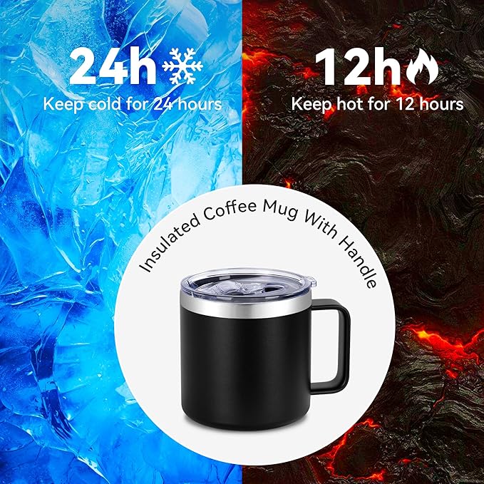 VEGOND 14 oz Insulated Coffee Mug with Handle, Stainless Steel Travel Coffee Mug with Lid, Double Wall Vacuum Metal Coffee Cup, Coffee Tumbler Powder Coated, Black 1 Pack