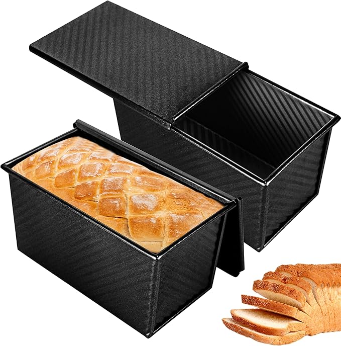 2pack 1LB Black Pullman Loaf Pan with Lid, Non-Stick Sandwich Bread Loaf Pan, Easy Release Bread Pan with Lid for Homemade Bread
