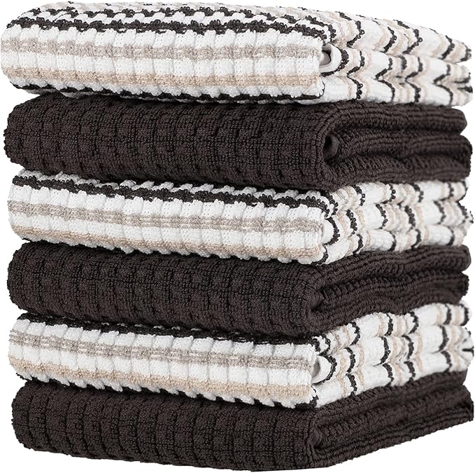 CRAFTSWORTH Kitchen Towels, 15 x 26 Inches, Pack of 6, 400 GSM, 100% Ring Spun Cotton, Solid & Stripe Beige Dish Towels Super Soft and Absorbent, Tea Towels and Bar Towels