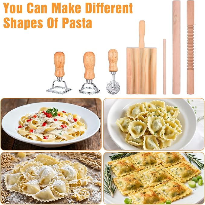 7 Pcs Gnocchi Pasta Making Tools kit Wooden Threaded Rolling Pin Ravioli Stamp Pasta Dumpling Noodle Maker Cutter Homemade Kitchen Gift for Baking Lovers Kitchen DIY