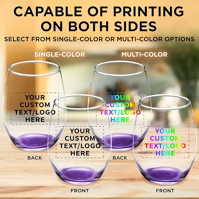 Custom Stemless Wine Glass 9 oz. Set of 100, Personalized Bulk Pack - Great for Wedding Favors, Bachelorette Party Decorations, Party Favors, Color Bottom - Purple