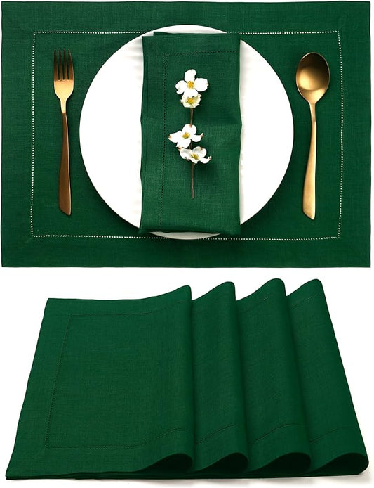 D'Moksha Homes Linen Placemats Set of 4 - Classic Hemstitch Forest Green Placemats 14 x 19 Inch - 100% Pure Linen Table Mats for Thanksgiving, Christmas, Holiday - Handcrafted and Machine Washable