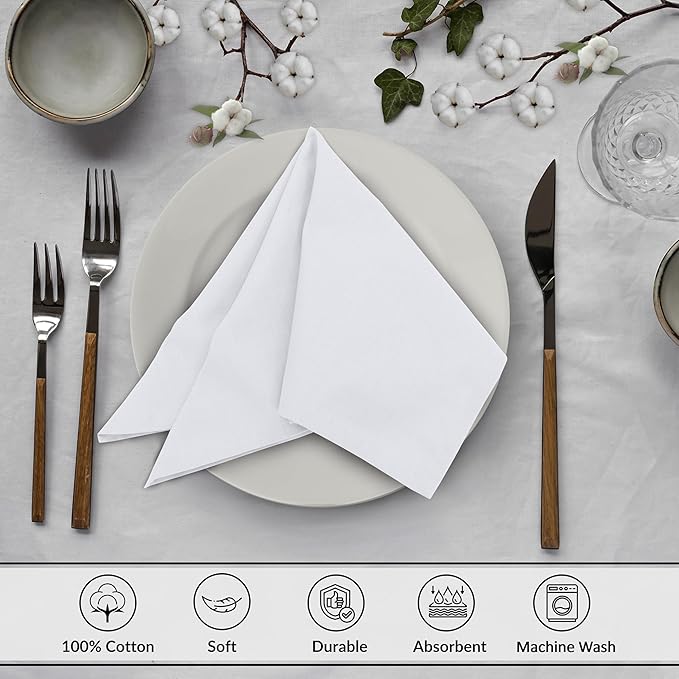 Ruvanti Cloth Napkins Set of 12, 18x18 Inches, 100% Cotton, Washable, Soft & Absorbent, Perfect for Wedding, Christmas, ‎Thanksgiving Dinners - White