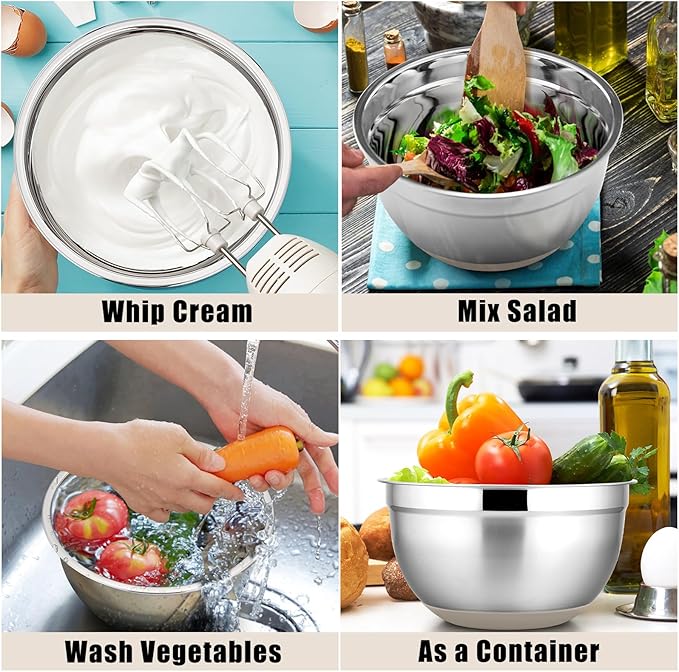 P&P CHEF Mixing Bowls With Lids, Set of 6, Stainless Steel Nesting Mixing Bowls & Fitting Lids & Non-Slip Silicone Bottom, Ideal for Mixing, Storing, Size 0.7/1/1.5/2.5/3/4.6 Qt, Khaki