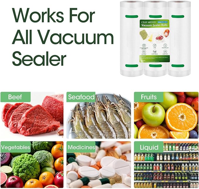 L'ELEF MISTICO Vacuum Sealer Bags for Food, 11''X40' (3 Rolls) BPA Free Food Saver Bags for Sealer, Customized Size Vacuum Storage Bags for Sous Vide or Meal Prep