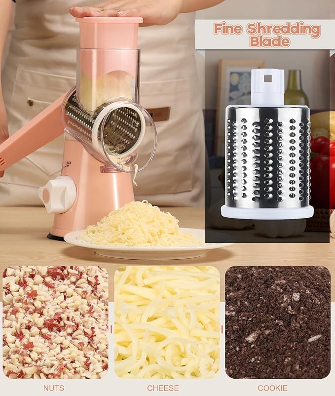 Ourokhome Rotary Cheese Grater Hand Crank, Kitchen Shredder Speed Mandolin Slicer Nuts Grinder with Handle and Drum Blades for Cheese, Vegetable, Walnuts, Chocolate, Potato, Carrot, 3 Blades, Pink