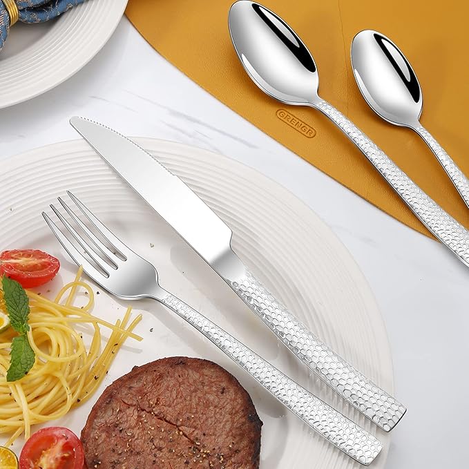 20-Piece Silverware Set, Silver Hammered Stainless Steel Flatware Sets for 4, Food-Grade Tableware Set, Including Fork Knife Spoon Set, Home Kitchen Cutlery Sets, Dishwasher Safe