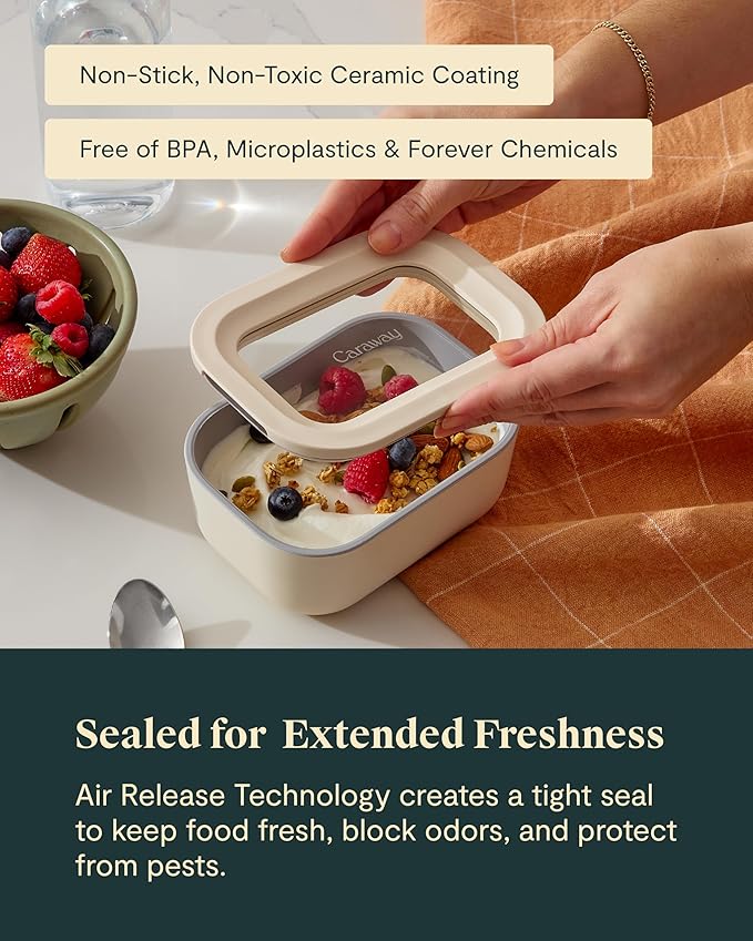 Caraway 6pc Glass Food Storage Set - 2.6 Cup Storage Containers For Food (6) - Non-Toxic Ceramic-Coated Glass - Air Release Technology - Compact & Stackable Design - Sage