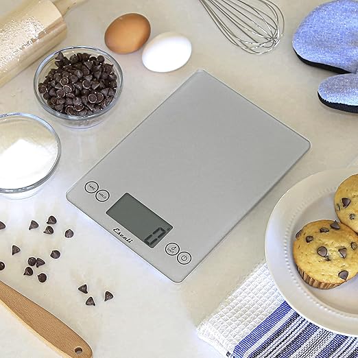 Escali Arti Glass Food Scale Digital Countertop Kitchen, Baking and Cooking Scale with Nutrition and Calorie Counter, 15-Pound Capacity, 9" x 6.5" x .75", Shiny Silver