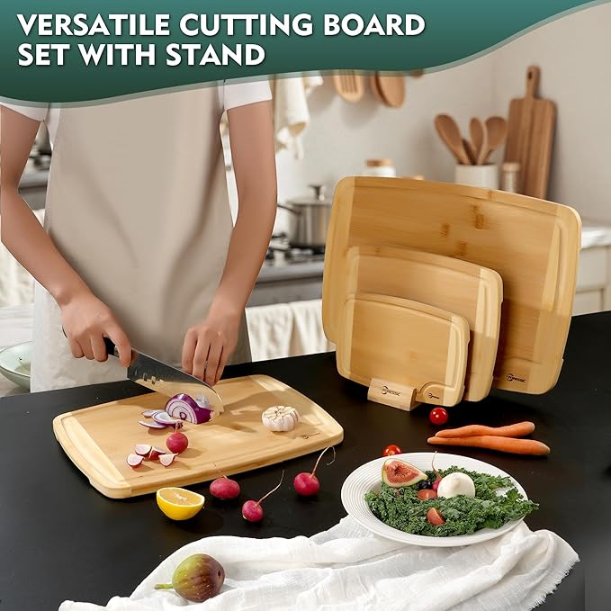 Bamboo Cutting Board Natural Bamboo Set With Smooth Surface 4 Packs with Non Slip Feet Holder and Over Sink Solid Thick Durable Wood Charcuterie Serving Tray Meat, Fruit, Vegetables & Cheese