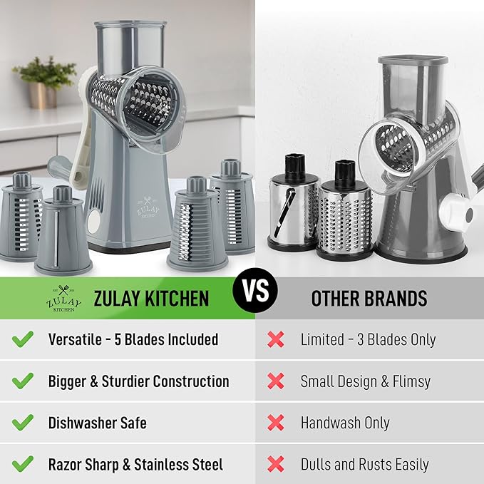 Zulay Kitchen Rotary Cheese Grater 5 Blade Cheese Shredder - Manual Hand Crank Cheese Grater With Reinforced Suction & 5 Interchangeable Drums - Easy to Use, Vegetable Chopper Round Mandoline Slicer