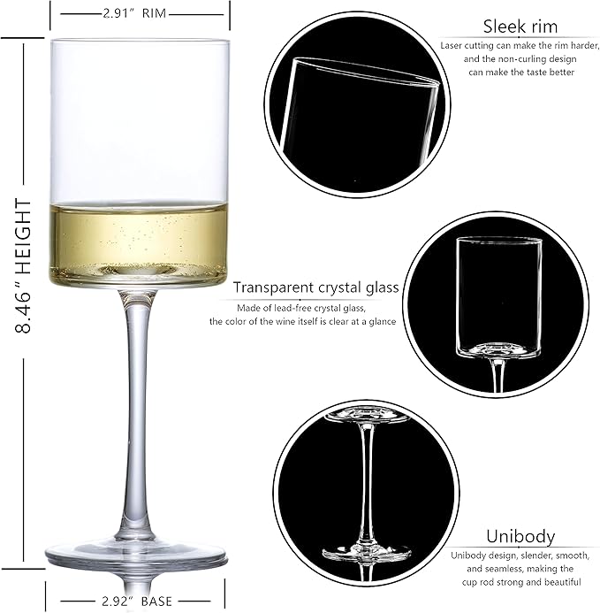 Wine Glasses Set of 4 - Hand Blown wine glass 15oz in Gift Packaging - Large White Wine Glass on Long Stem - Unique Modern Shape - For Wedding, Anniversary, Mother’s Day