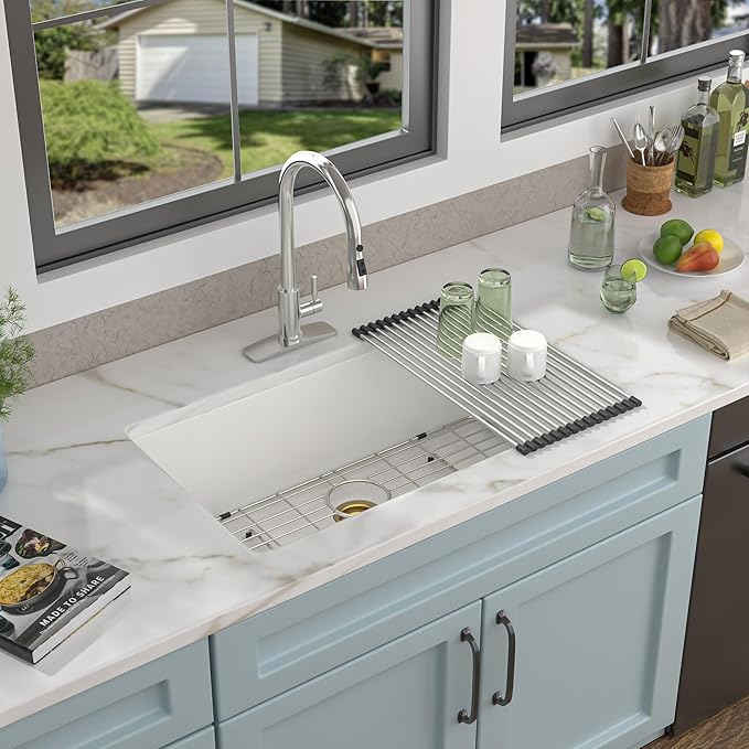 31 Granite Composite Kitchen Sink - Fulorni 31"×18" Granite Kitchen Sink White Undermount Quartz Classic Under Counter Single Bowl Sink Basin