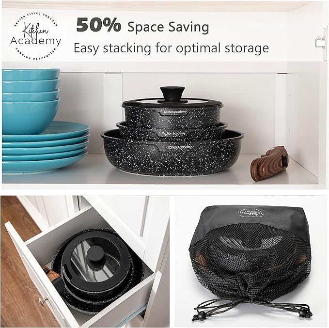 Kitchen Academy Removable Handle Induction Pots and Pans Set - 10 Piece Non-stick Cookware Sets, Black Granite Stackable RV Cookware for Camp