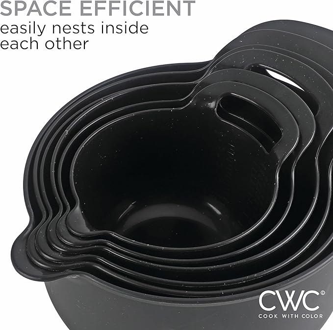 COOK WITH COLOR Nesting Plastic Mixing Bowl Set with Pour Spouts and Handles, Black Speckled, 6 Piece Non-Slip