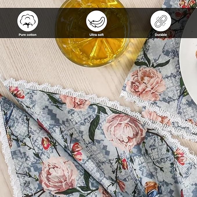 Bedding Craft Printed Cotton Dinner Napkins Set of 12 – 18x18 Lace Birds Design – Elegant & Reusable Fabric Table Napkins for Dining, Parties, Weddings & Everyday Use