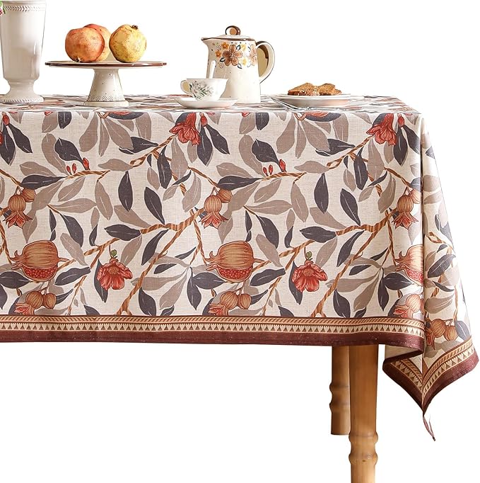 patdrea Designer Brown Rectangle Tablecloth,Framhouse Linen Pomegranates and Leaves Tree Pattern Linen Tablecloth,Fall Fruits Table Cover Cloth Decor for Kitchen Dining Christmas,55"*79"