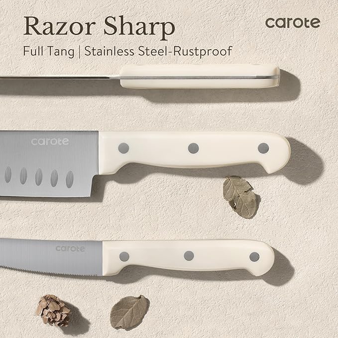 CAROTE ICE 35pcs Pots and Pans Set, Nonstick Cookware Sets, White Granite Induction Cookware with Kitchen Knife Set