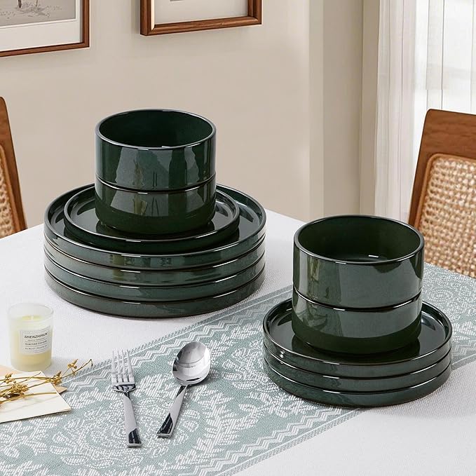 LIANYU Plates and Bowls Sets for 4, 12 Piece Stoneware Dinnerware Dishes Set, Ceramic Dinner Dishware for Pasta Dessert Cereal, Rustic Terracotta Bottom, Chip Resistant & Dishwasher Safe, Hunter Green