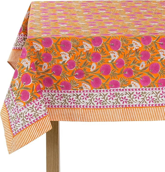 Ridhi Bubblegum Pink Hand Block Print Cotton Rectangle Tablecloth 108 x 60 inches Reusable Table Cover Decorative Everyday Use for Dining Room, Farmhouse, Home, Party, Festive & Wedding, Fall