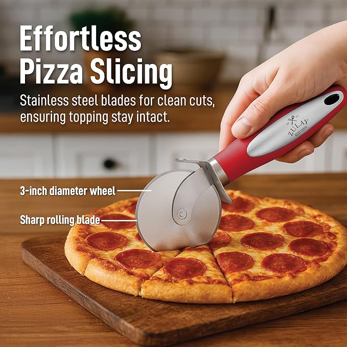 Zulay Kitchen Large Pizza Cutter Wheel - Premium Stainless Steel Pizza Slicer - Easy To Clean & Cut Pizza Wheel - Super Sharp, Non-Slip Handle & Dishwasher Friendly - Red