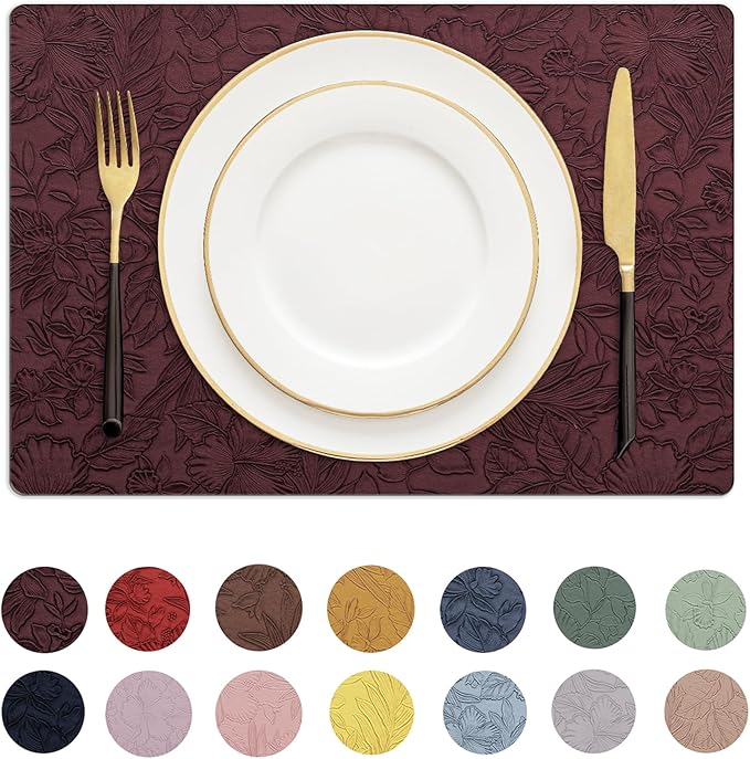 Romanstile Vinyl Placemats Set of 4-12 X 18 Inch - Heat Resistant Non-Slip Embossed Floral Place Mats 100% Waterproof Oilproof Wipeable Faux Leather Table Mats for Kitchen/Dining/Party, Burgundy