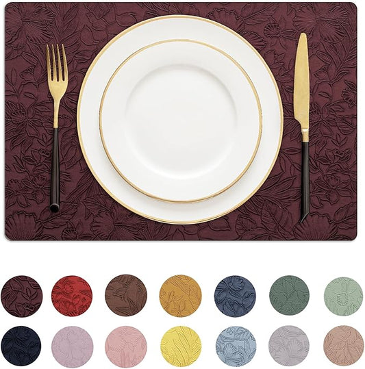 Romanstile Vinyl Placemats Set of 4-12 X 18 Inch - Heat Resistant Non-Slip Embossed Floral Place Mats 100% Waterproof Oilproof Wipeable Faux Leather Table Mats for Kitchen/Dining/Party, Burgundy