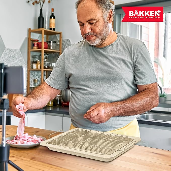 Bacon Tray - 2-Piece Set – Marble Coating - Durable, Non-Stick Cooking Tray for Bacon – White Stone Tray and Carbon Steel Rack