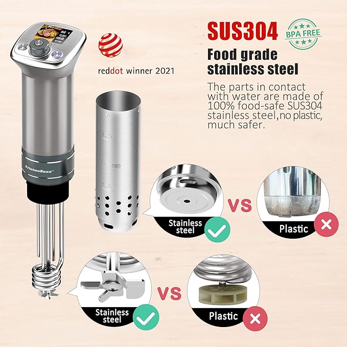 KitchenBoss Sous Vide Cooker Machine: Ultra-Quiet Built-in TFT Recipes IPX7 Waterproof Circulator Cooker Brushless DC Motor 1100 Watts Immersion Circulator Sous Vide Cooking Machine G320, Silver
