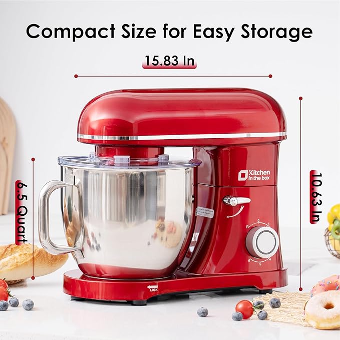 Kitchen in the box Stand Mixer - 6.5 Quart Mixing Bowl with Handle, 900 Watt Powerful Heavy Bread Dough Mixers Tilt-head with Dough Hook, Whisk, Flat Beater and Splash Guard (Red)