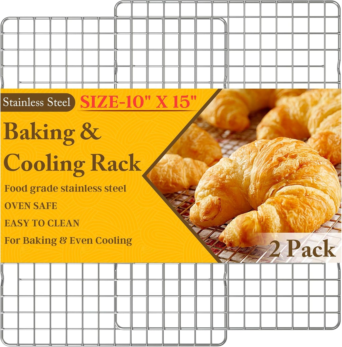 2PCS Cooling Racks for Cooking and Baking - 10" x 15"Heavy Duty Stainless Steel Wire Rack for Baking, Grilling, Roasting - Oven & Dishwasher Safe - Fits Jelly Roll Sheet Pan-Silver