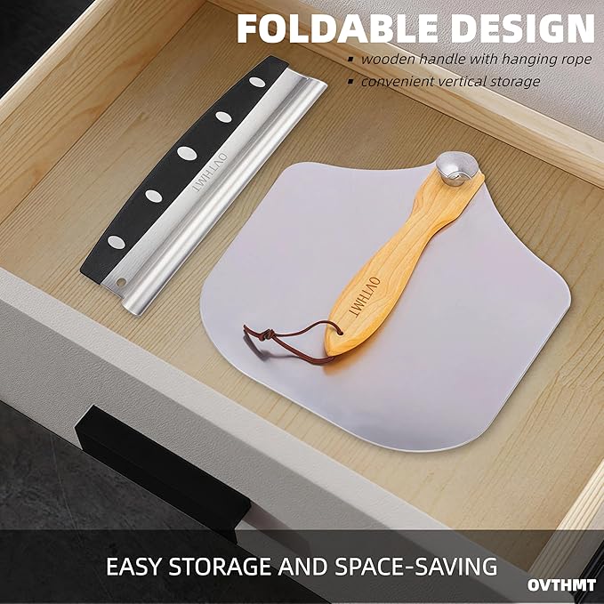 Metal Pizza Peel 2 PCS, Aluminum 12 x 14 inch Pizza Paddle with Foldable Wood Handle, Pizza Peel Set, Pizza Spatula With Rocker Cutter, Pizza Kit