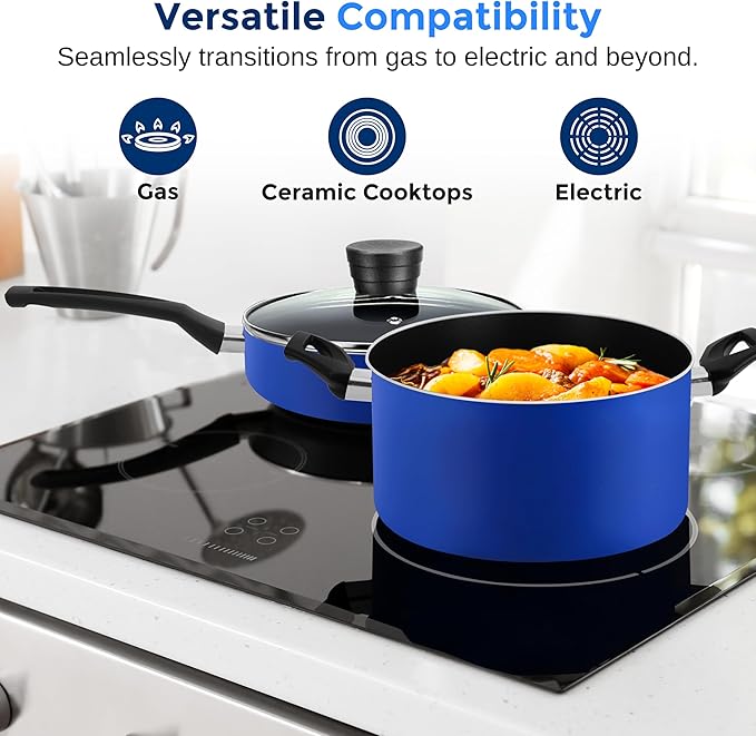 SereneLife Kitchenware Pots & Pans Basic Kitchen Cookware, Black Non-Stick Coating Inside, Heat Resistang Lacquer (11 Piece set), One Size, Blue