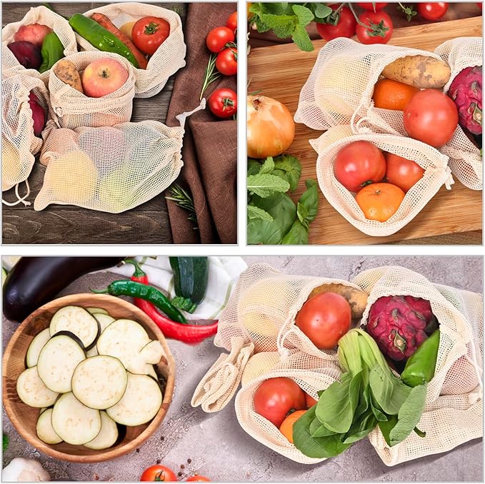 Reusable Bags Produce Bags Reusable Washable - Vegetable Bags, Grocery Bags, Cotton Mesh Bags for Farmers Market, Beach, and Refrigerator Storage Vegetables (12)