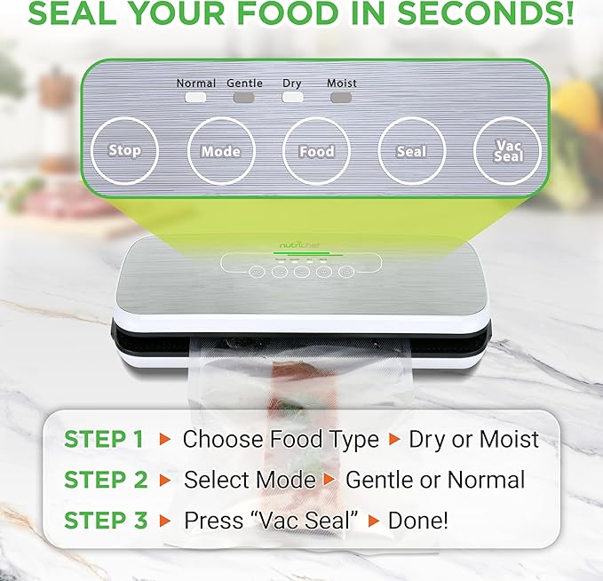 NutriChef Vacuum Sealer For Food - Automatic Air Sealing Machine for Dry & Moist Foods, LED Touch Controls, Includes Vacuum Bags, Hose & Wine Stopper, High Suction Power