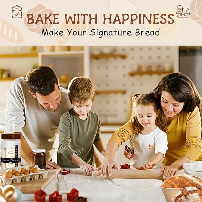 Sourdough Bread Baking Supplies and Starter Kit (2 Silicone Banneton Bread Proofing Baskets and a jar)