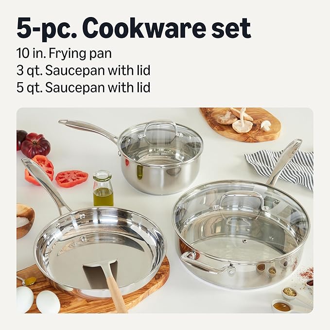 Amazon Basics Stainless Steel Cookware Set, 5-Piece Set, All Cooktop Friendly, Dishwasher-Safe