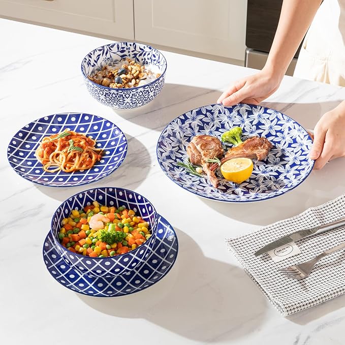 Sweejar 18 Pieces Ceramic Dinnerware Sets, Handmade Plates and Bowls Sets, Highly Scratch Resistant Dishes Set for Kitchen,Porcelain Dishwasher & Microwave Safe Dishes Set,Service for 6 (Vintage Blue)