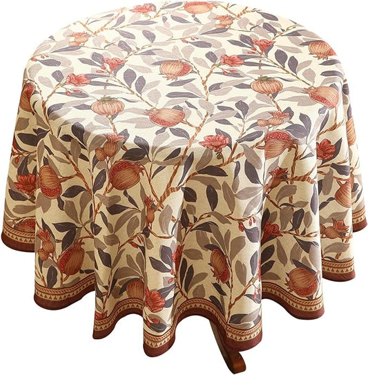 patdrea Designer Brown Tablecloth for Round Tables,Framhouse Linen Pomegranates and Leaves Tree Linen Tablecloth,Fall Fruits Table Cover Cloth Decor for Kitchen Dining Christmas,Diameter 67"