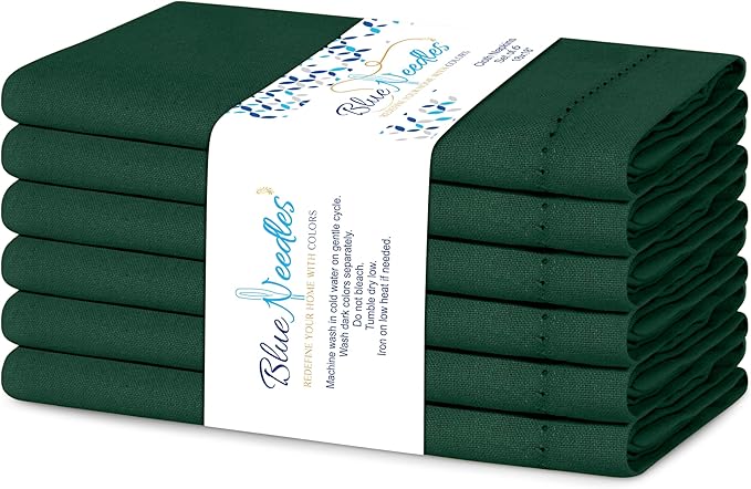 Blue Needles Set of 6 Hemstitch Linen Napkins 100% Cotton Forest Green Cloth Dinner Napkins 18x18 inches, Soft, Reusable, Absorbent, Washable, Ideal for Fall Thanksgiving Events Parties & Everyday Use